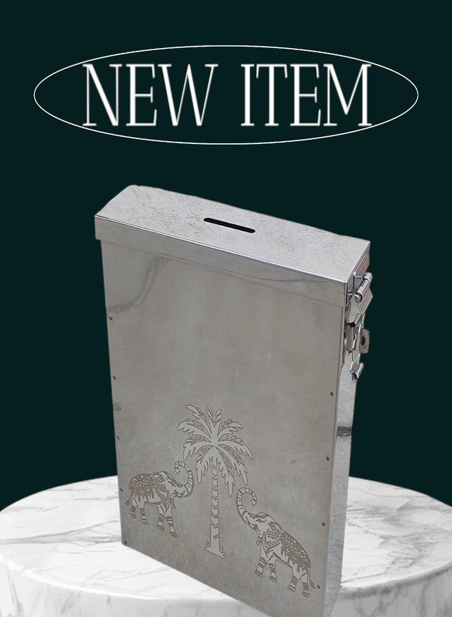 Gvanys® Antique Coin Bank Box Money Organiser/Coin Money Bank Piggy Bank Money Bank Stainless Steel Body Size- L-5.25 CM, W-18 CM, H-22 CM with Elephant Design - Image 3